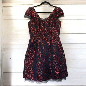 Nanette Lapore Black & Red Brocade & Lace Cocktail Dress With Cap Sleeves Sz 6